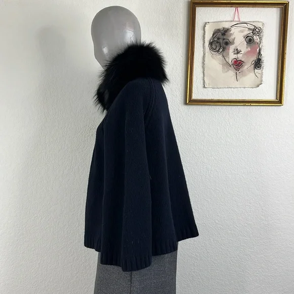 Prada AW14 Wool Fox Fur Collar A Line Sweater Knit Cardigan Sweater